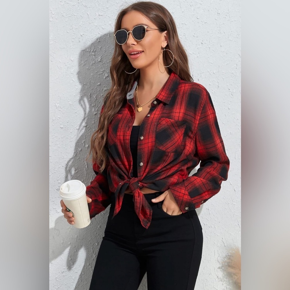 KevaMolly Plaid Long Sleeve Flannel Shirts for Women Loose Fit Boyfriend Button